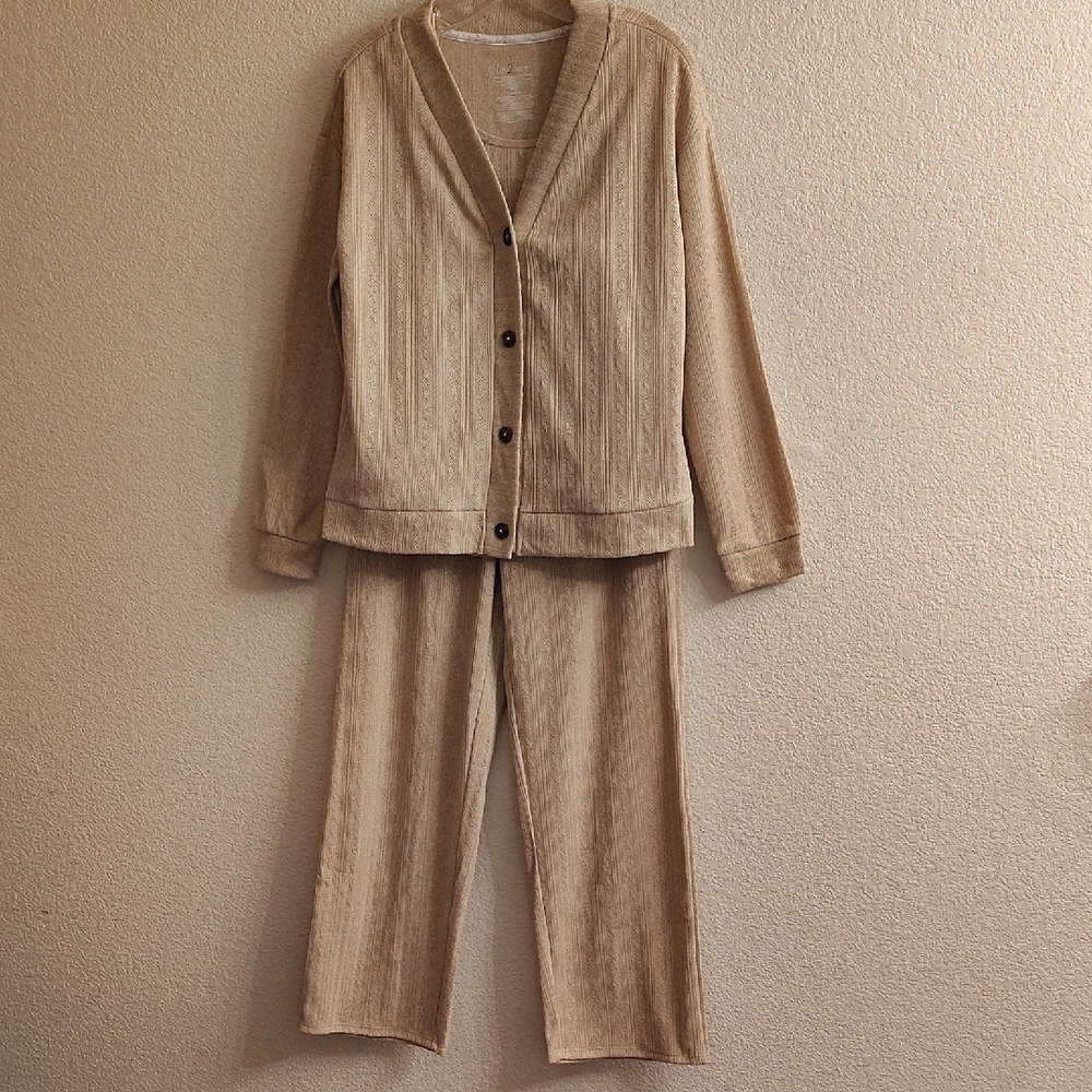Women's Tan 3 Piece Textured Pantsuit Cardigan- Tank Top- Pants Size S B28 X BP